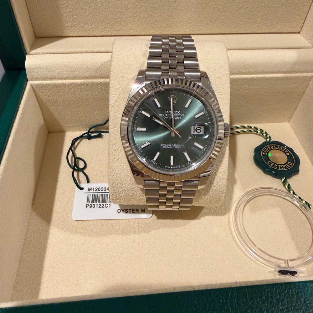 Rolex Men's Watch with Green Dial and Silver Band